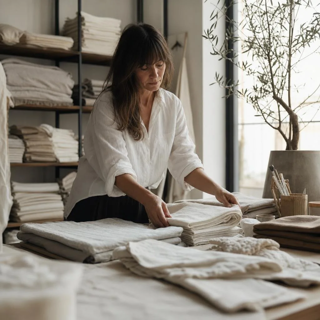 Quiet studio with folded stonewashed linen and natural light
