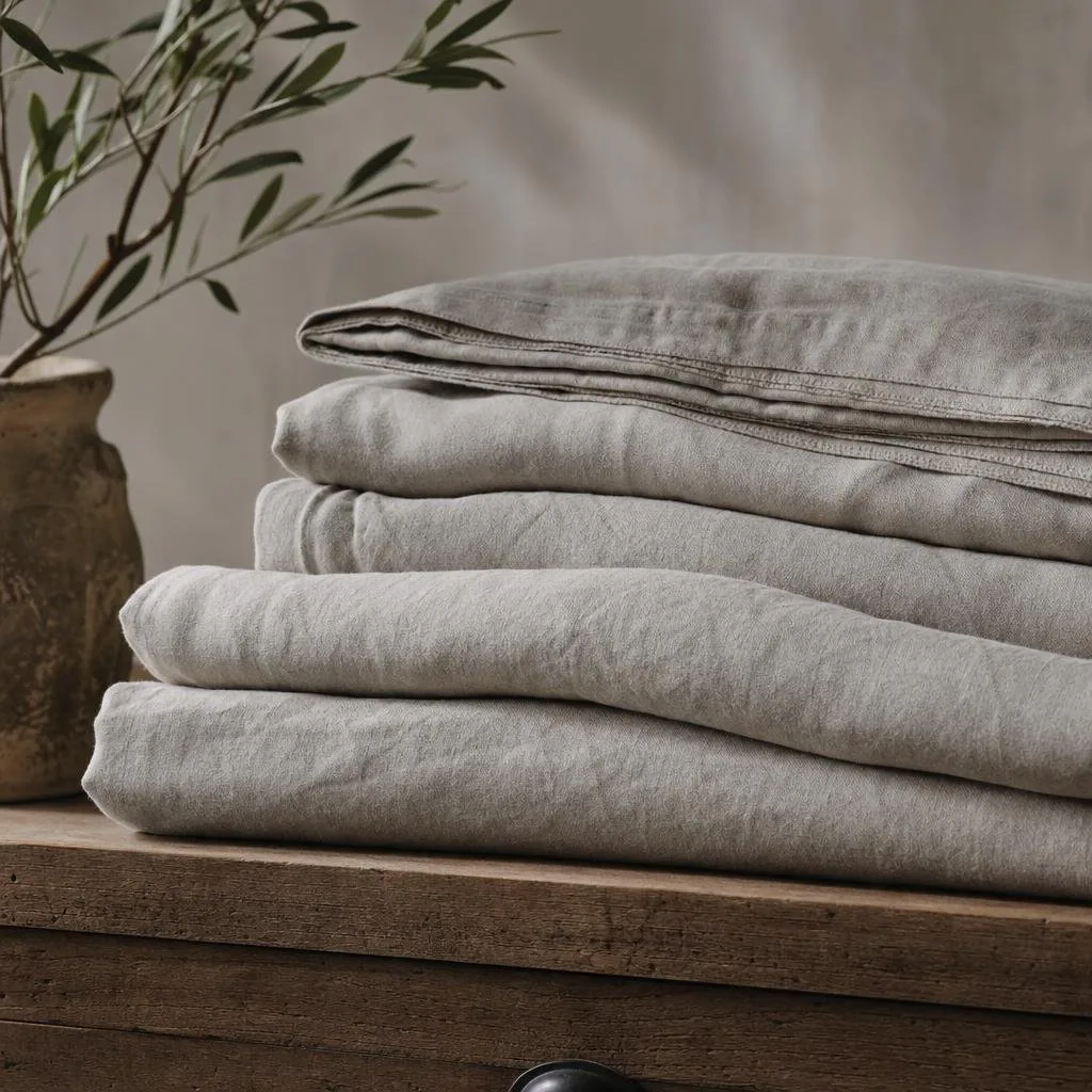 Folded stonewashed linen sheets and pillowcases stacked on a wooden dresser