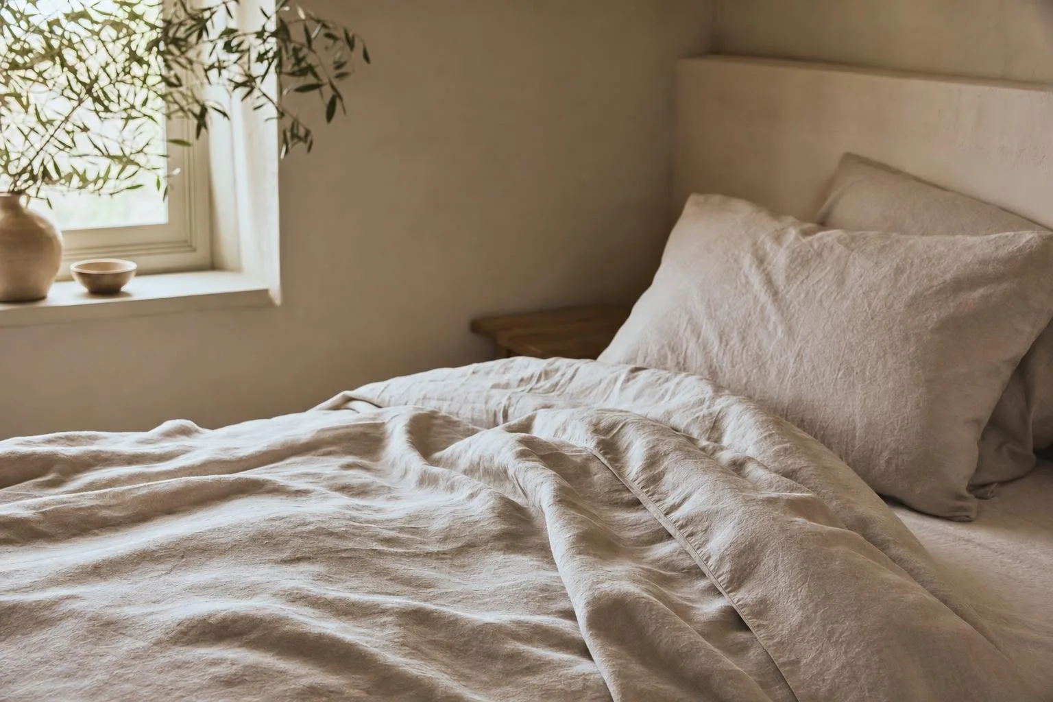 Sunlit bedroom made up with rumpled stonewashed linen sheets and pillowcases
